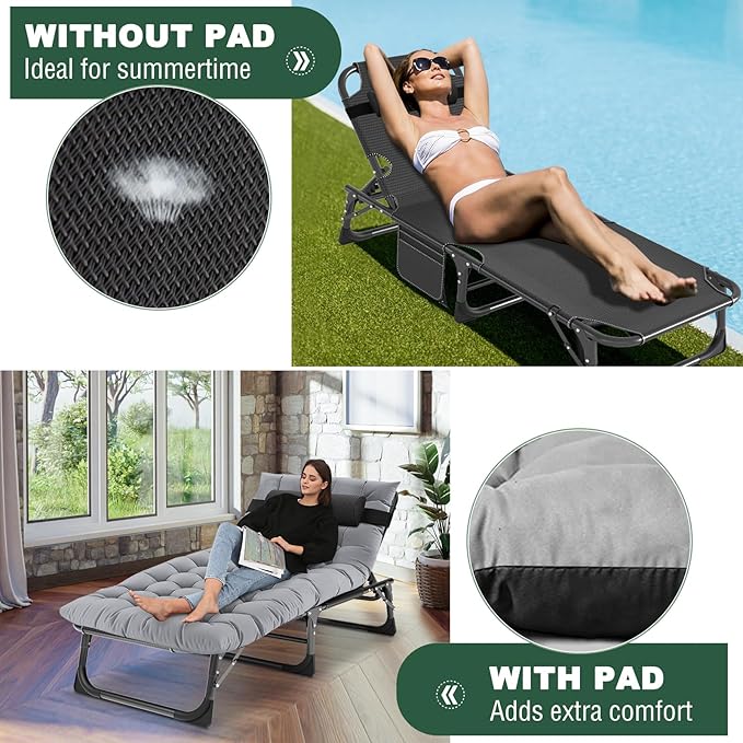LILYPELLE Folding Outside Chaise Lounge Chair with Mattress, 5 Position Adjustable Patio Folding Lounge Chair Reclining Chairs Perfect for Sunbathing, Camping, Pool, Beach, Patio