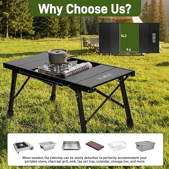 Folding IGT Camping Table, Portable Outdoor IGT Cooking Camping Tables, Ultra-Lightweight Aluminum Foldable Camping Table with Carry Bag for Car Camping, Picnics, RV Travel, and BBQ