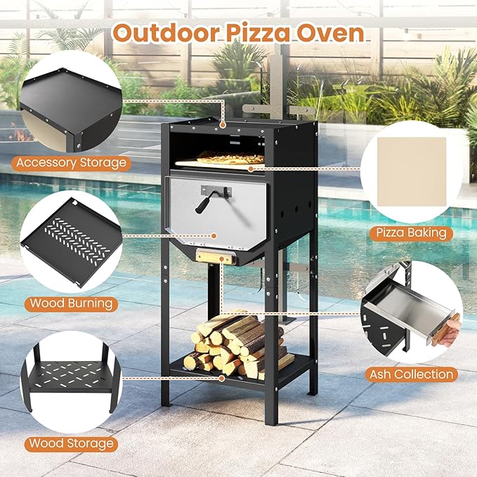 Happygrill 12” Pizza Oven Outdoor, Wood-Fired Pizza Stove with Ash Tray & Wood Storage, Pizza Stone, Pizza Peel & Oxford Cloth Cover, Multi-Fuel Pizza Maker for Patio, Backyard, Camping & BBQ