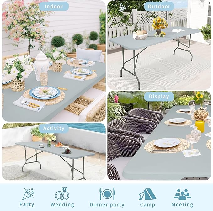 Set of 2 Folding Table 5 FT Camping Table Portable Heavy Duty Plastic Rectangular Outdoor Dining Table Steel Legs Fold-in-Half with Carrying Handle for Indoor,Picnic,Party,Wedding,Events(Grey)