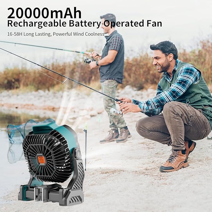 20000mAh Battery powered fan Camping essentials,Rechargeable fan Portable Battery Operated Tent with Light & Hook X26A Cyan