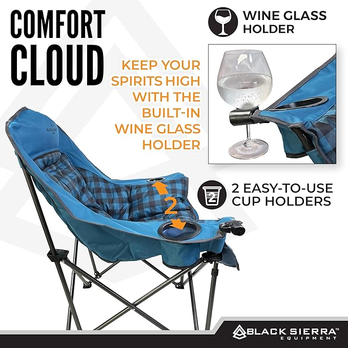 Black Sierra Oversized Camping Chair for Adults – 400 lb Heavy Duty Folding Chair with Cup Holders & Carry Bag