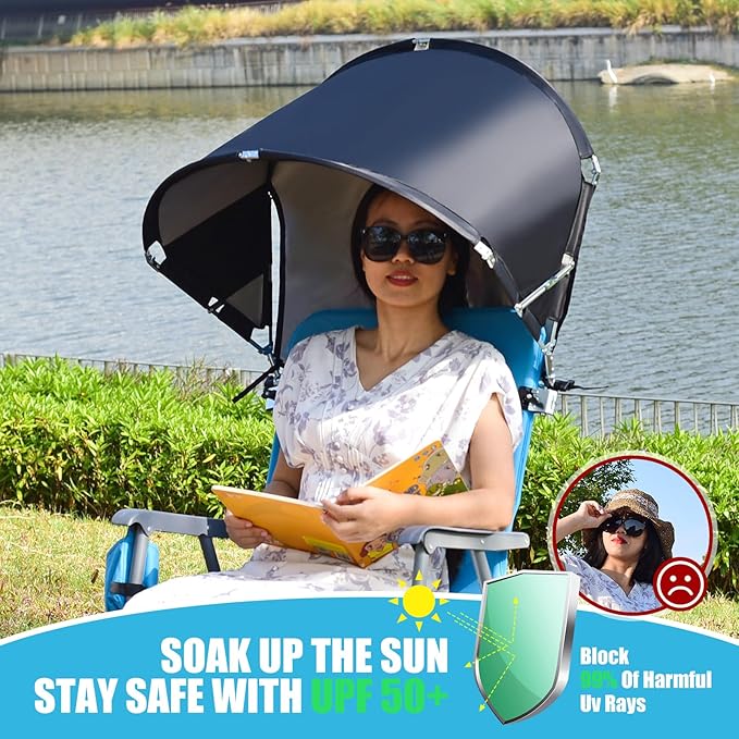 Universal Chair Umbrella Canopy, UPF 50+ Chair Sun Shade Attachment with Adjustable Clamp Fits Most Brands’ Beach, Camping, Lawn, Wheelchair, Tanning, Zero Gravity, Lounge, Fishing Chairs, Patented