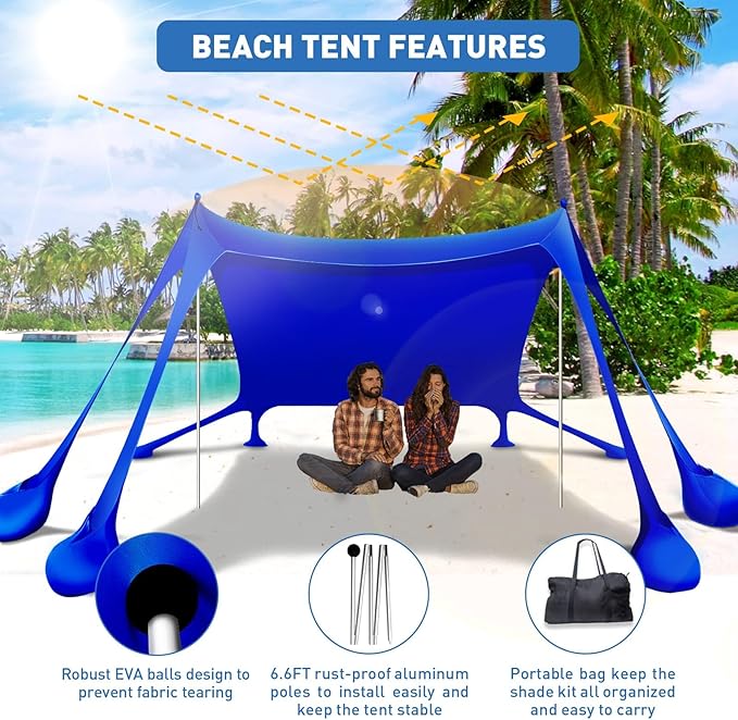 Beach Tent Sun Shelter 10x10ft Beach Canopy Easy Pop Up Sun Shade Portable UPF50+ with 8 Sandbags-2 Sand Shovel-4 Aluminum Poles-Ground Pegs for Outdoor Family Camping Fishing Backyard Picnic