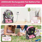 20000mAh Rechargeable Fan Battery Powered Operated,Portable Rechargeable Pink Camping Fan with LED Lantern,270°Rotation,USB Table Fan Pink Camping Accessories Battery Fans Portable