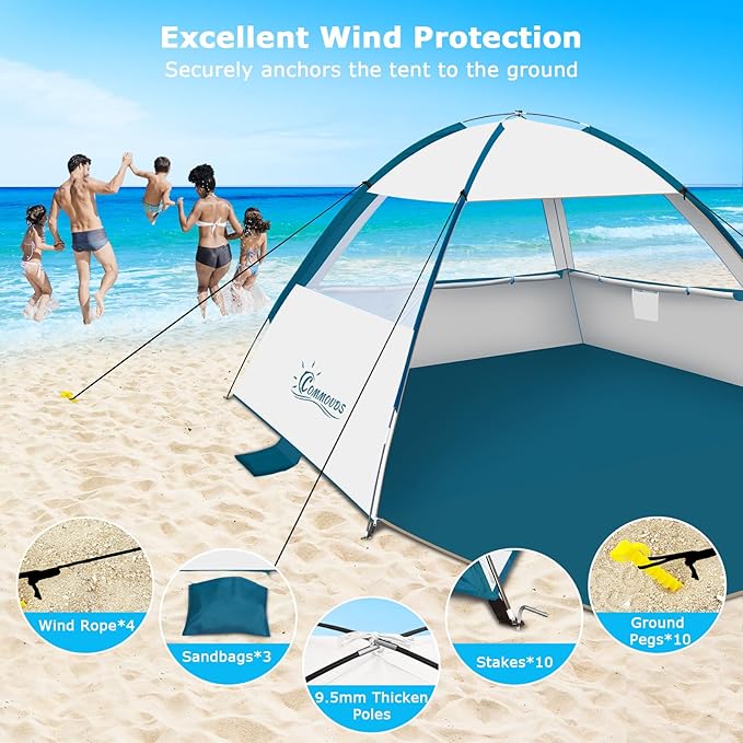 COMMOUDS Beach Tent Sun Shade for 3/4/6/8 Person, UPF 50+ Beach Sun Shelter Canopy Tent, Lightweight, Easy Set Up and Carry
