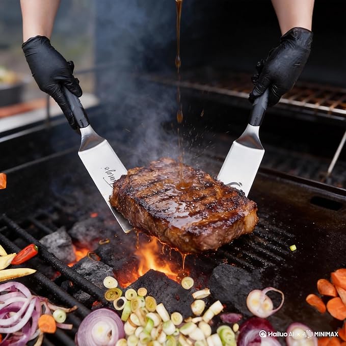 Blackstone Griddle Set 7-Piece w/2 Towels - 3mm Stainless Steel Spatulas, Scraper & Oil Bottles - Professional BBQ Tools for Blackstone/Camp Chef/Hibachi
