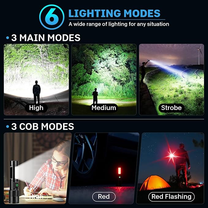 Rechargeable LED Flashlights High Lumens - 10,000LM Super Bright Flash Light with 6 Modes, Powerful Handheld Linternas for Home, Camping（2 Packs）