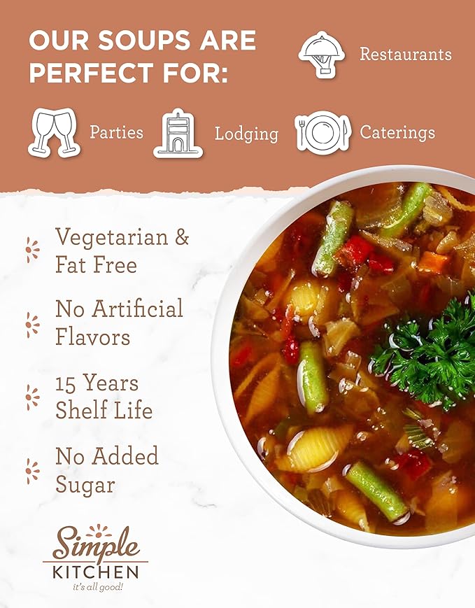 READYWISE - Simple Kitchen, Minestrone Soup Mix, 17 Servings Per Pack, MRE, Vegetarian, Hiking, Camping Essentials, Food, Soup Mix, for Events, Emergency Food Supply, or Daily Use, Pack of 4
