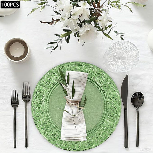 100 Pcs Green Charger Plates Bulk, 13" Antique Round Charger Plates Set, Plastic Embossed Decorative Chargers Floral Dinner Plate for Christmas Wedding Party Event Decor (Green)