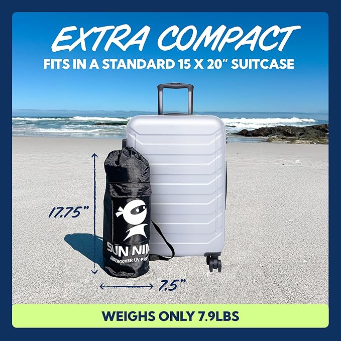 Sun Ninja Beach Tent Sun Shelter UPF50+ - Easy Pop Up Beach Canopy - Outdoor Shade for Camping Trips, Fishing, Backyard Fun Picnics - Sand Shovel, Ground Pegs & Stability Poles