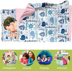 Personalized Toddler Nap Mat for Preschool, Custom Name Kids Sleeping Bag for Daycare, Kindergarten Roll Up Sleeping Mat with Removable Pillow and Soft Blanket, Fun Themes for Boys & Girls