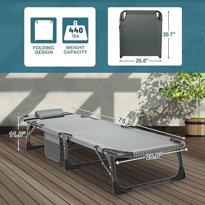 NAIZEA Folding Camping Cot W/Mat for Adults, Adjustable Lounge Chair Outdoor, Heavy Duty Sleeping Cot Bed, Travel Camp Cots for Pool, Beach, Patio Sunbathing