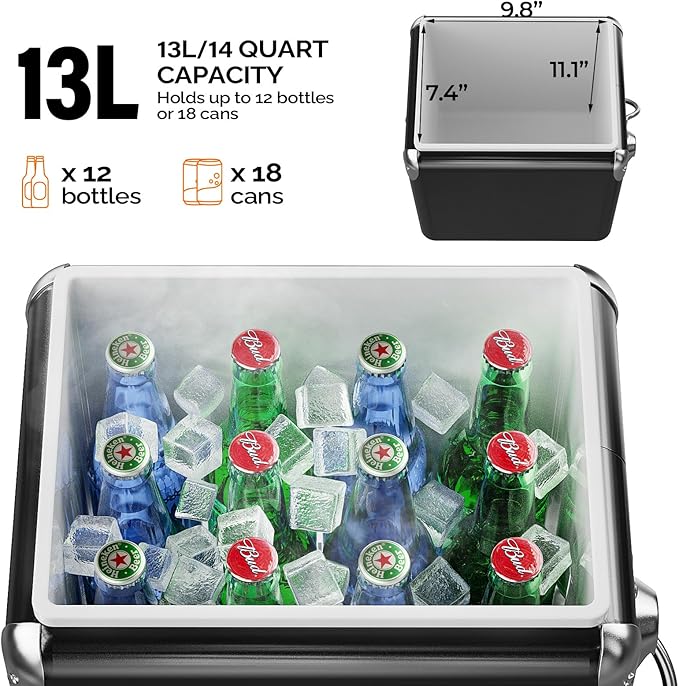 VINGLI 14qt Small Insulated Portable Cooler, Retro Vintage Classic Style Hard Metal Cooler for Barbeques, Camping, Fishing and Picnics