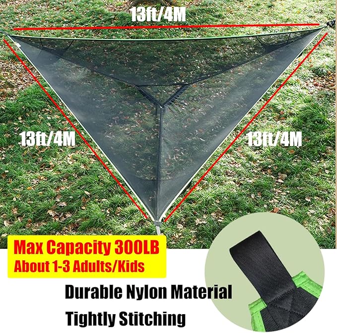 Triangle Hammock Multi Person 3 Point Tree Hammock, 13Ft Extra Large Sky Camping Hammock with 3 Ratchets/Straps/Net Pockets/Carabiners and Storage Bags, Max 300lbs for up to 1-3 Adults/Kids,Family