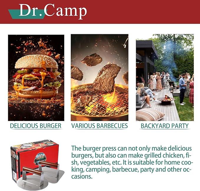 Smash Burger Press 7 Inch, Heavy Duty Stainless Steel Burger Press with Wood Handle, Flat Grill Press for Smash Burgers, Bacon, Griddle & BBQ (Round+Square)
