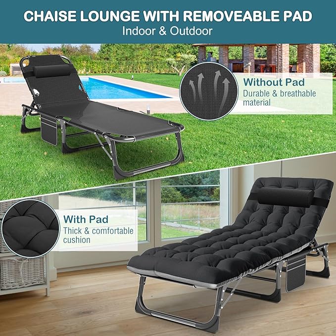 NAIZEA Folding Camping Cot W/Mat for Adults, Adjustable Lounge Chair Outdoor, Heavy Duty Sleeping Cot Bed, Travel Camp Cots for Pool, Beach, Patio Sunbathing