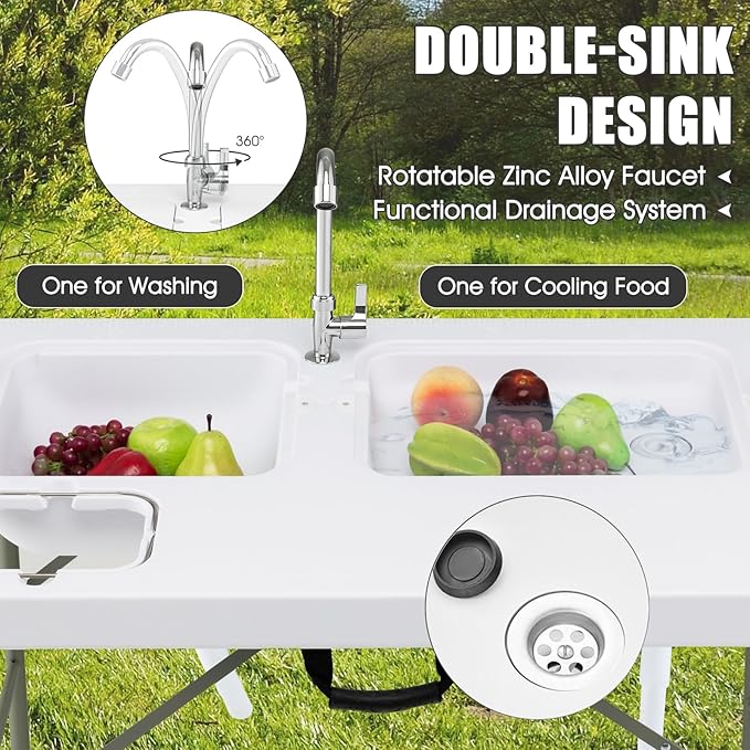 Giantex Fish Cleaning Table w/ 2 Sinks, Faucet, Hose Hook Up, Portable Folding Camping Table w/Measure Mark, Outdoor Fillet Cleaning Station for Fishing Beach Picnic (with Sprayer & Storage Shelf)