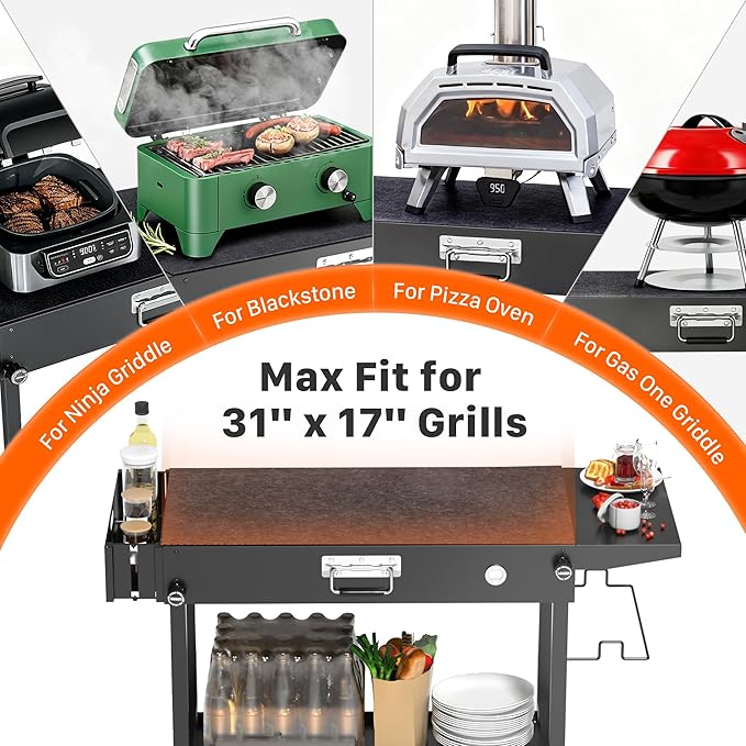 Portable Grill Table Cart with Wheels Foldable Blackstone Griddle Stand for 17"/22" Griddles, Ninja Woodfire Grill & Weber, Outdoor BBQ Prep Table with Storage Shelf Caddy for Camping, Tailgating