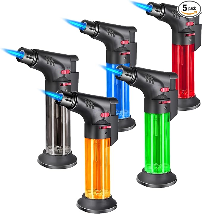 5 Pack Torch Lighters Butane Refillable Torch Lighter Jet Flame Multi Utility Lighter Mini Blow Torch Butane Gas Torch for Candle Grill BBQ Camping (Without Fuel)