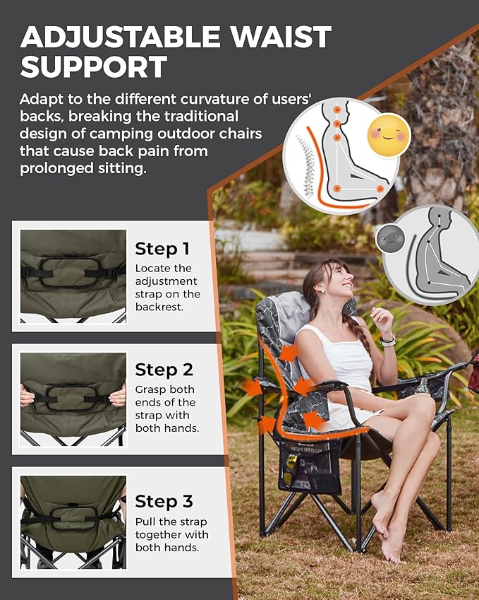 KingCamp Oversized Camping Folding Chair, Heavy Duty 450 LBS with Lumbar Support, Padded seat with Cup Holder&Cooler Bag, Ideal for Camp, Fishing, Sports Event, Backyard, Patio, Lawn (Lava Green)