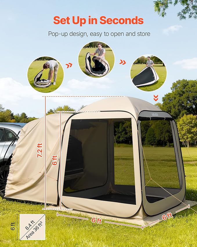 SUV Tailgate Tent VEVOR, 6 x 6 ft Pop-Up Screen House Canopy for 4–6 Person, Portable Screened Shelter with Carry Bag, for Car Camping, Backyard, Patio, Outdoor Activities