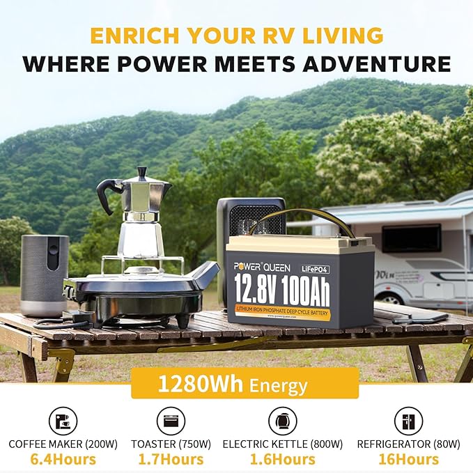 Power Queen 12.8V 100Ah LiFePO4 Battery with 14.6V 20A LiFePO4 Battery Charger; Built-in 100A BMS, 1280Wh Lithium Battery 15000+ Cycles, Perfect for RV, Trailer, Camping, Solar System