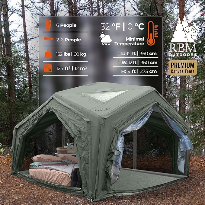 Coody Inflatable Canvas Camping Tents with Stove Jack – Premium Air Beam Family Glamping Tent, Breathable Cotton Canvas, Fast Setup Air Tent with Pump
