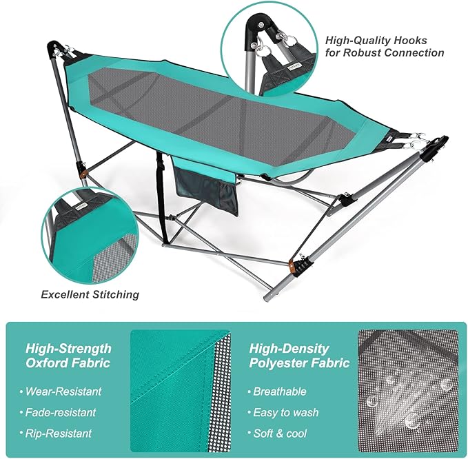 Portable Folding Hammock w/Side Pocket, Lounge Camping Bed w/Metal Stand & Anti-tip Buckles, Outdoor Camping Hammock with Carrying Bag for Patio Garden Yard, Easy Assembly (Turquoise)