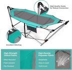 Portable Folding Hammock w/Side Pocket, Lounge Camping Bed w/Metal Stand & Anti-tip Buckles, Outdoor Camping Hammock with Carrying Bag for Patio Garden Yard, Easy Assembly (Turquoise)