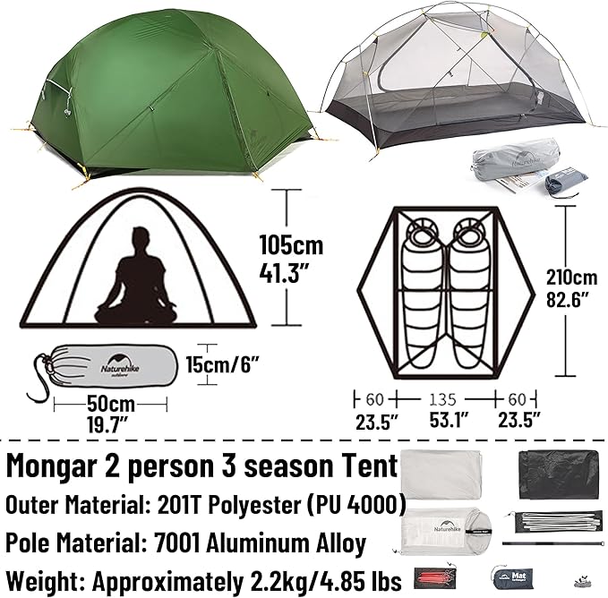Naturehike Mongar UL Tent [2025 Upgrade] - 1-2 Person Ultralight 3 Season Camping Tent, Waterproof One Person Two Person Backpacking Tent for Hiking, Cycling, Easy Setup