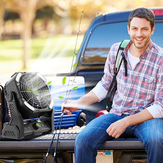 20000mAh Cordless Fan Emergency Portable Rechargeable Fan & Light for Power Outage, Car Defrosting, Indoor - Battery Operated Fan with 270° Pivot, USB, Hook & LED, Portable Camping X26 Black