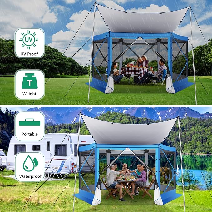 COBIZI 12x12FT Pop Up Gazebo Screen Tent Screen House for Camping, Screen Room with Mosquito Netting, Hub Tent Instant Screened Canopy with Carrying Bag and Ground Stakes, Blue