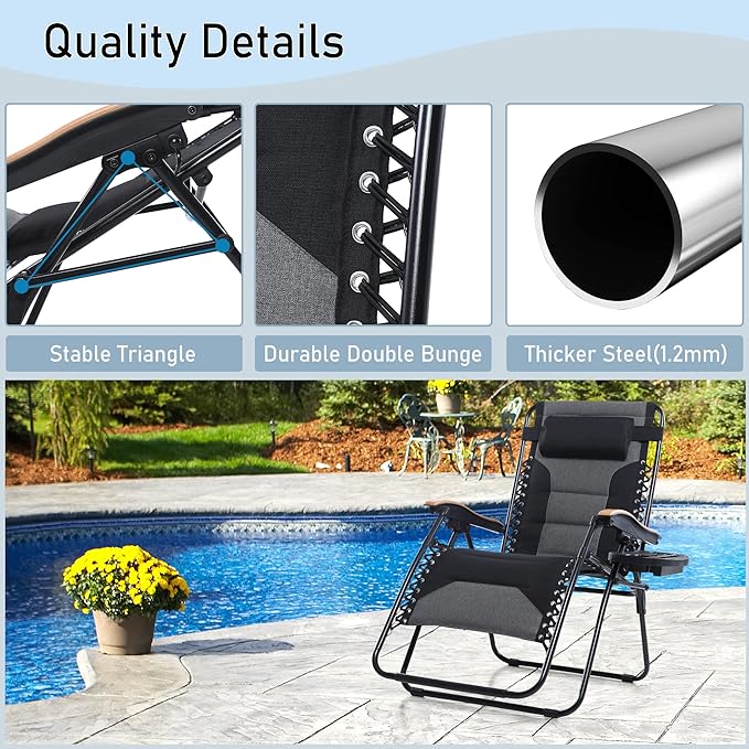 PHI VILLA XXL Oversized Padded Zero Gravity Chair Set of 2, Foldable Patio Recliner, 30" Wide Seat Anti Gravity Lounger with Armrest and Cup Holder, Support 400 LBS (Black)