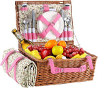Wicker Picnic Basket for 4 with Waterproof Picnic Blanket and Insulated Cooler, Willow Hamper for Camping, Outdoors, Photoshoot, or a Birthday, Valentine’s Day, Wedding Gift, Pink