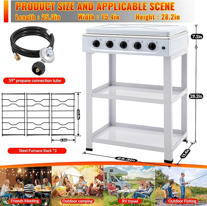 5 Burner Propane Gas Stove,400000BTU Portable Gas Stove with Support Leg Stand and Wind Blocking Cover Adapter Auto Ignition Camping Stove,propane burner for RV, Apartment, Outdoor Cooking