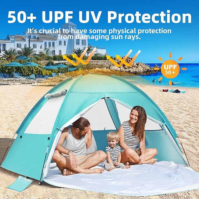 COVACURE 2026 New Upgraded Beach Tent Sun Shelter - UPF 50+ UV Protection Beach Shade for 3-4 Person, Waterproof & Lightweight, Easy Setup Portable Sun Canopy for Camping, Fishing, Beach (Green)