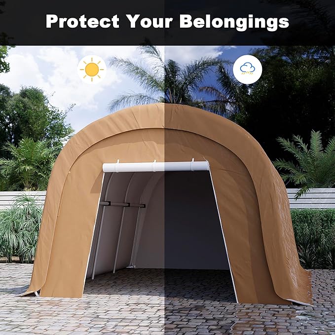 Carport 10 x 20 ft Outdoor Portable Storage Shelter Shed with 2 Rolled up Zipper Doors, Waterproof and UV Resistant Portable Garage Party Tent, Heavy Duty Car Canopy for Car, Truck, Boat, Brown