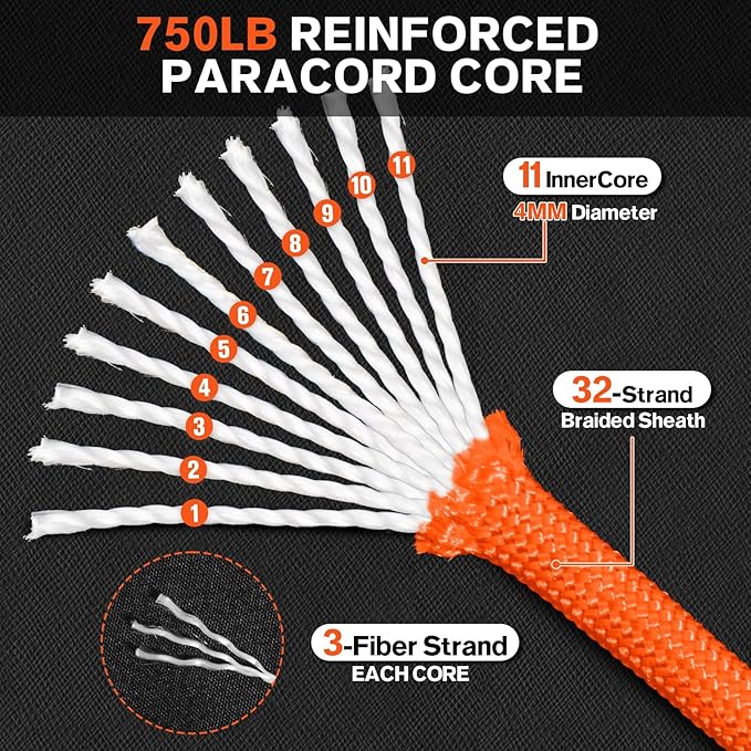 Paracord Rope 750 - Parachute para Cord 4mm 11 Strand Spool Rope Utility Nylon String for Outdoor Camping Survival Utility Tent Crafting DIY Projects - Orange 100ft