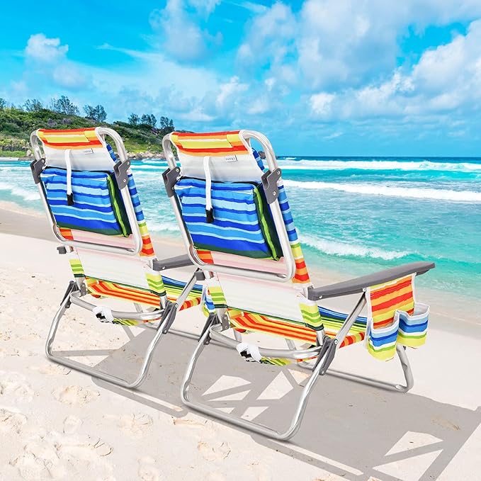 Giantex Folding Beach Chair, Patio Sling Chairs with 5 Adjustable Position, Head Pillow, Storage Bag, Towel Bar, Cup Holders, Backpack Chairs for Sunbathing, Camping Chair