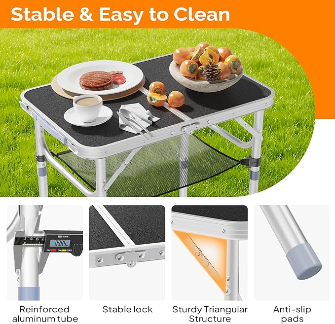 VINGLI Small Folding Table Portable 2FT Aluminum Foldable Camping Table for Picnic Card Table with 3 Adjustable Height & Carry Handle for Outdoor Indoor Hiking Camp BBQ Beach-Black