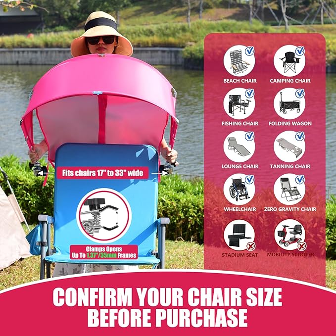 Universal Chair Umbrella Canopy, UPF 50+ Chair Sun Shade Attachment with Adjustable Clamp Fits Most Brands’ Beach, Camping, Lawn, Wheelchair, Tanning, Zero Gravity, Lounge, Fishing Chairs, Patented