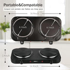 Countertop Double Cast Iron Burner 1800 Watts Electric Hot Plate with Adjustable Temperature 6.1" Cooktop for Dorm, Office, Home, Camp, Compatible for All Cookwares