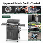 2 in 1 Propane Gas BBQ Grill with Side Burner & Porcelain-Enameled Cast Iron Grate, 4-Burner Flat Top Grill, 46,700 BTU Outdoor Barbecue Propane Griddle Grill Combo for Camping, Patio, Backyard