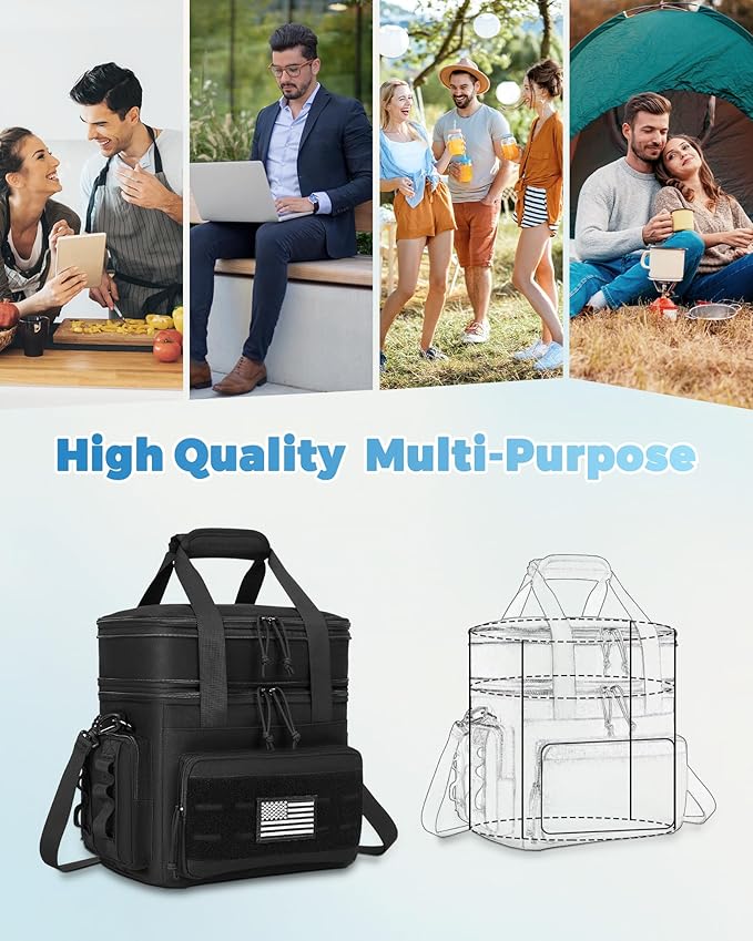 Tactical Lunch Bag & Lunch Box for Men - Large Double Deck Expandable Insulated Soft Adult Lunchbox for Work - Cooler Bag for Beach, Picnic, Camping,Outdoor，Travel (Black,16L)