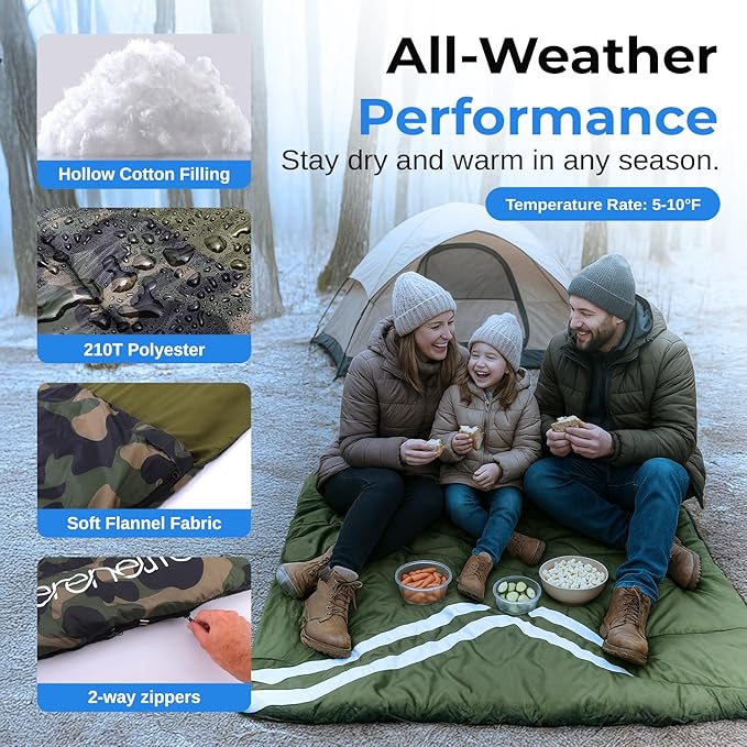 SereneLife Backpacking Sleeping Bag Camping Gear-Double Sleeping Bag For Adults/Teens W/2 Pillows,Bag-Outdoor Lightweight Weather Proof Sleeping Bags For Camping,Backpacking,Hiking-SereneLife SLSBX9