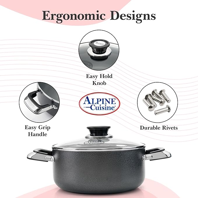 Alpine Cuisine 2.2 Quart Non-stick Stock Pot with Tempered Glass Lid and Carrying Handles, Multi-Purpose Cookware Aluminum Dutch Oven for Braising, Boiling, Stewing