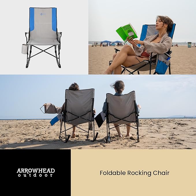 ARROWHEAD OUTDOOR Foldable Rocking Camp Chair with Large Cup Holder, Side Pocket, Space-Saving Folding, Enhanced Swinging Rocker for Camping, Fishing, Patio