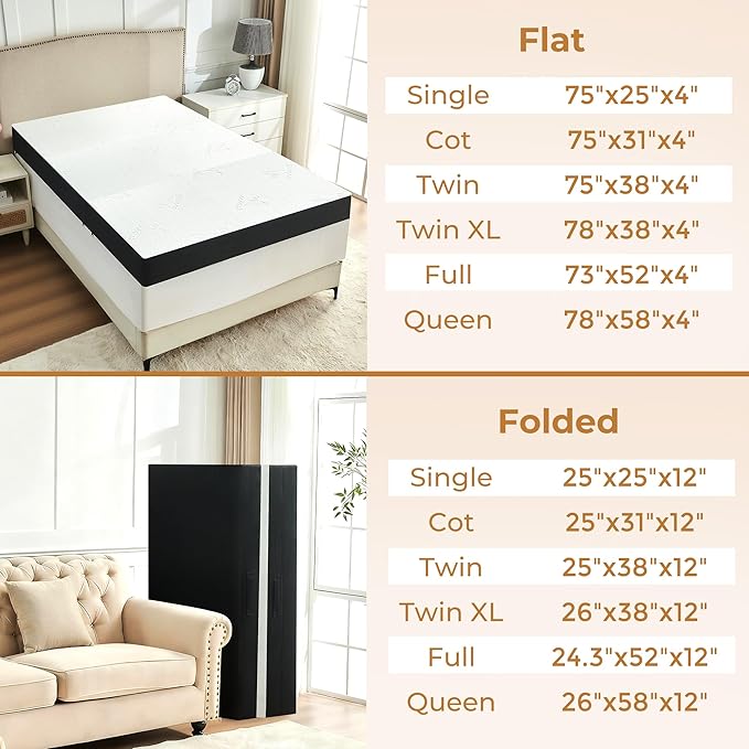 4 Inch Trifold Mattress, Twin XL Size Foldable Memory Foam Mattress with Viscose Derived from Bamboo Washable Cover, Folding Mattress Topper Floor Bed for Camping, Guest, RV, Ventilated