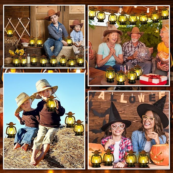 Ferraycle 12 Pcs Mini Cowboy Hats Lantern Decoration Western Cowgirl Lantern with LED Candle Small Brown Hanging Decor Rustic Camping Table Centerpieces for Wedding Birthday Party Supplies